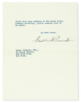 ROOSEVELT, FRANKLIN D. Typed Letter Signed, as President, to Aymar Johnson,